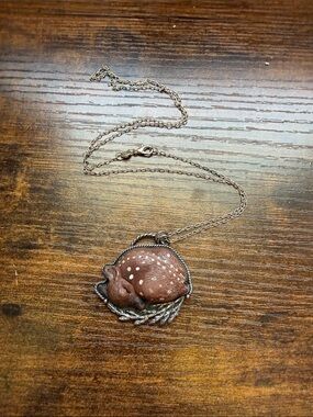 Sterling silver and Brown Fawn Pendant Necklace - Women Jewelry nature deer